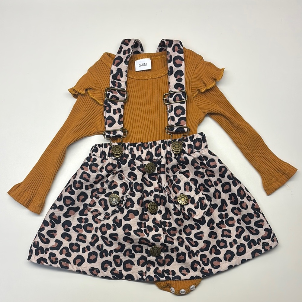Leopard Print Overall Dress with Mustard Top- 3-6 Month
